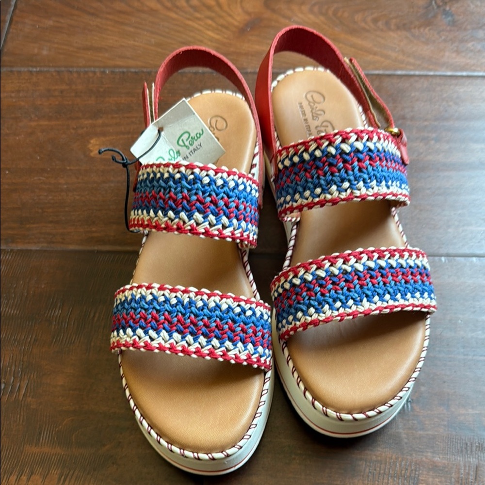 Italian Red, White &  Blue  Leather Woven Sandals